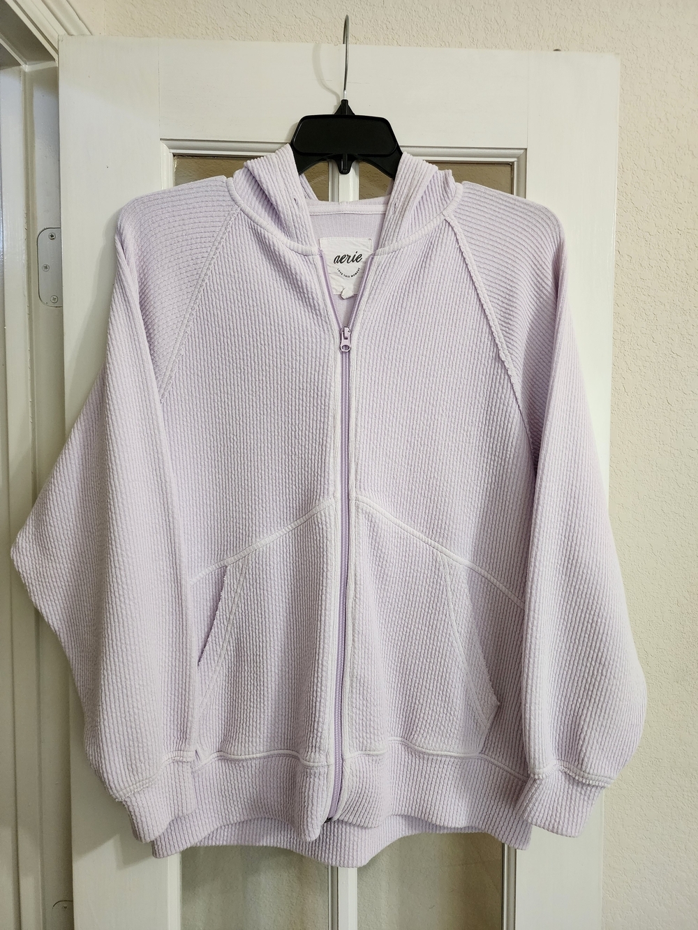 Aerie Textured Rib Knit Zip Hoodie Lavender XS Cozy Oversized